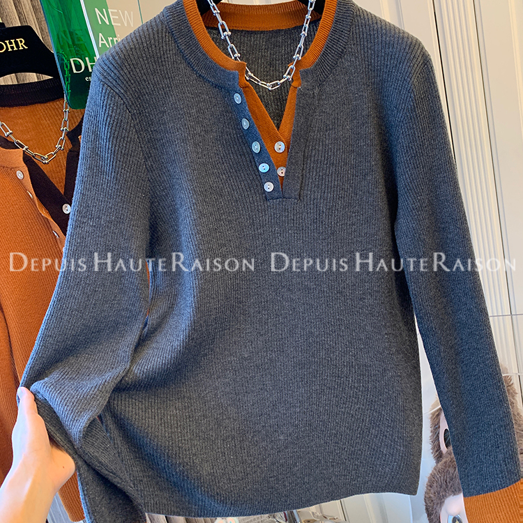 005 高级感气质撞色V领假两件毛衣针织打底衫宽松上衣女冬季新款