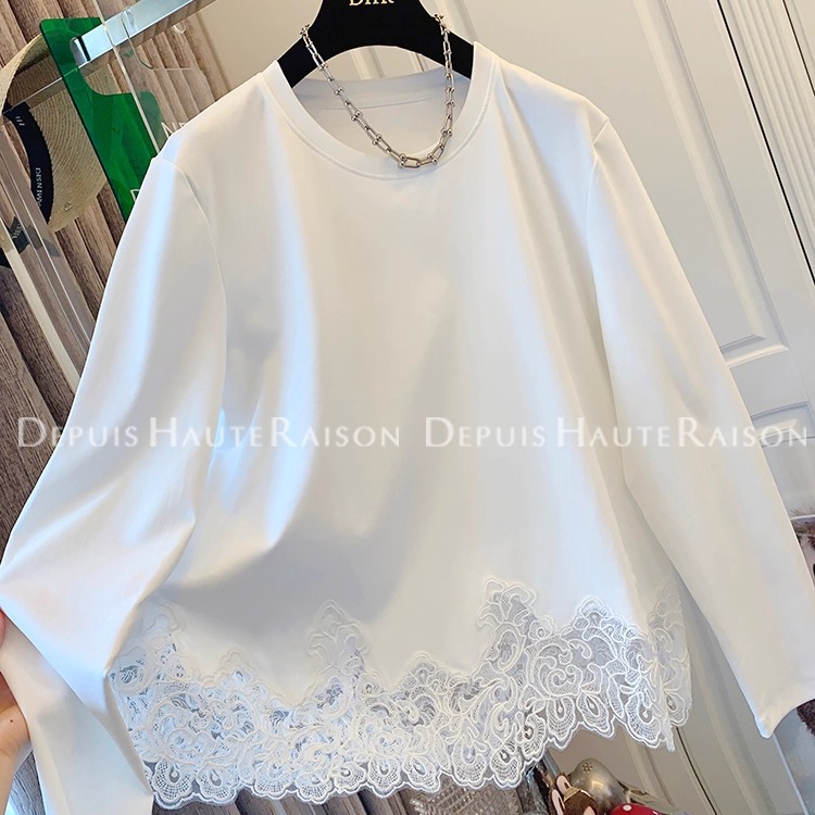 DHR绝美法式气质蕾丝圆领长袖T恤