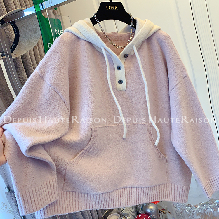 DHR好看慵懒美式撞色连帽针织衫