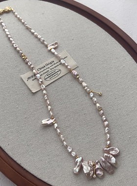 【清樱】尤妮宝帝原创设计天然淡水粉金花瓣巴洛克碎银子珍珠项链