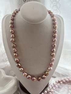 天然淡水油画炫彩光8-9mm糖纸皱皮爱迪生巴洛克珍珠纯银项链