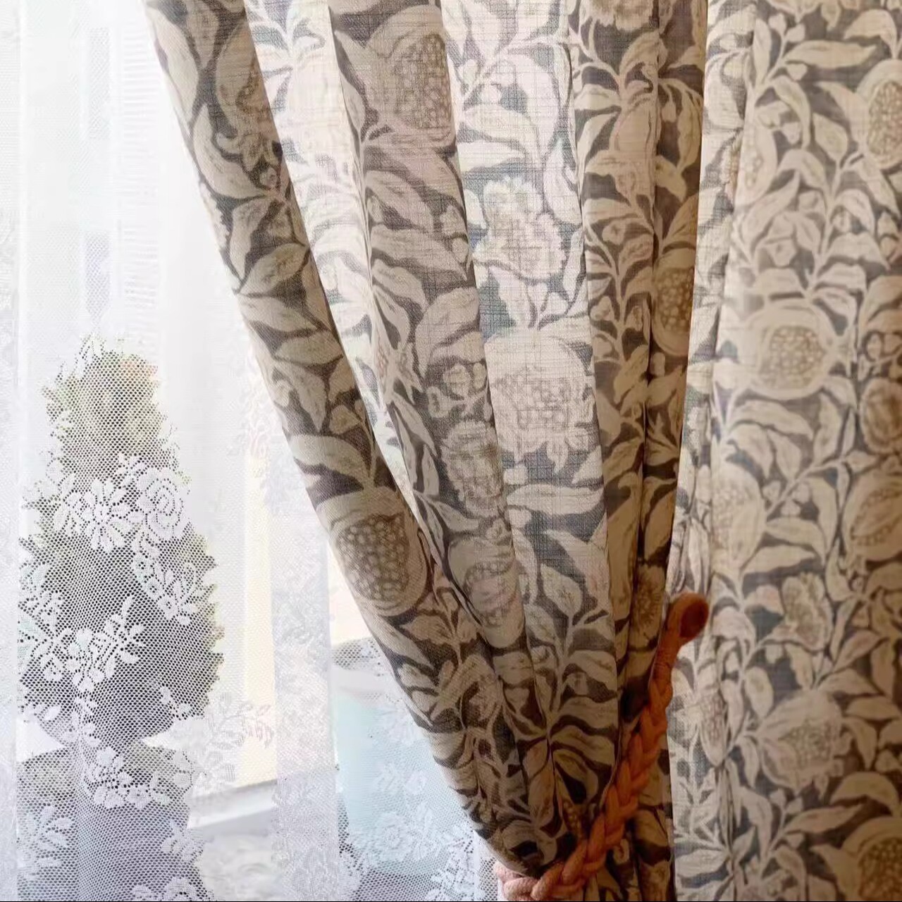 茜茜李出口欧美复古窗帘中式古典棉麻布帘春季遮阳帘成品笑口常开