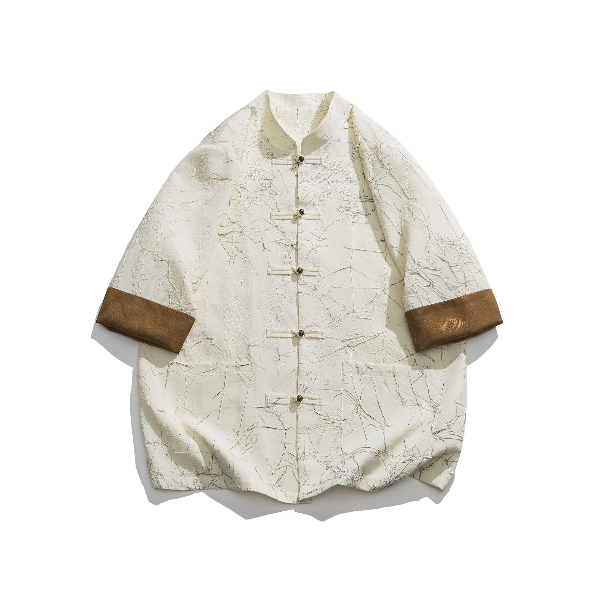 风盘扣浮雕花纹衬衣复古褶皱立领短袖唐装有大码1907-P80,男装T恤,电商B378（原B341）