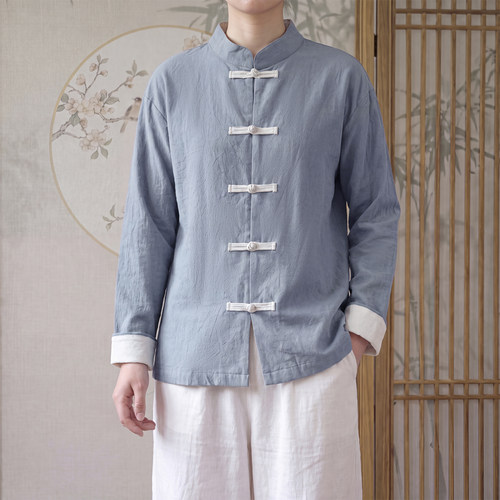 中国风撞色盘扣立领衬衫 新中式立领全棉长袖衬衣 1761-P60