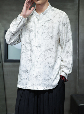中国风复古扎染水墨印花长袖衬衫春季男士宽松大码衬衣1901-P65