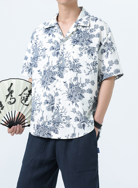 新中式复古印花薄款短袖衬衣 冰丝凉感衬衫有大码 1926-P55