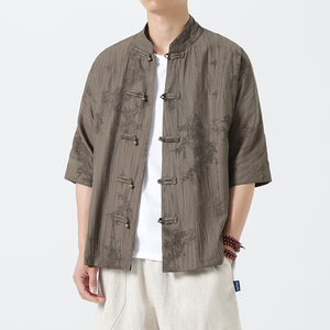 夏季薄款宽松冰丝半袖衬衣 复古风盘扣大码短袖衬衫 1905-P65图片