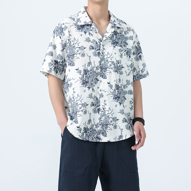 2025中国风夏季复古短袖衬衫复古大码宽松薄款花式衬衣1926-P55