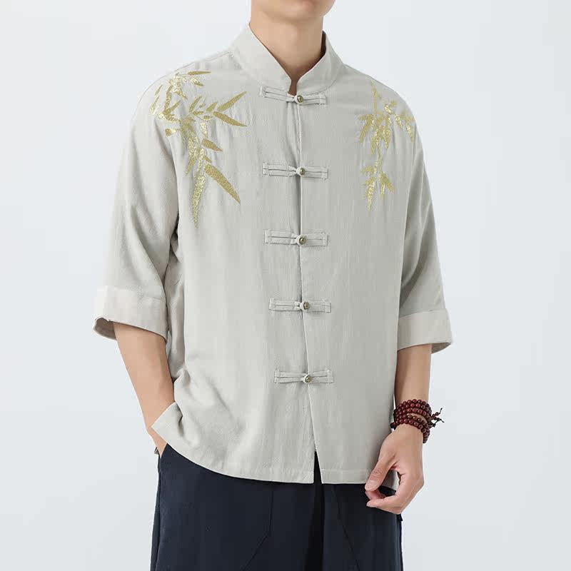 2025风棉麻短袖唐装复古水洗刺绣衬衫1906-P75,男装T恤,电商B378（原B341）