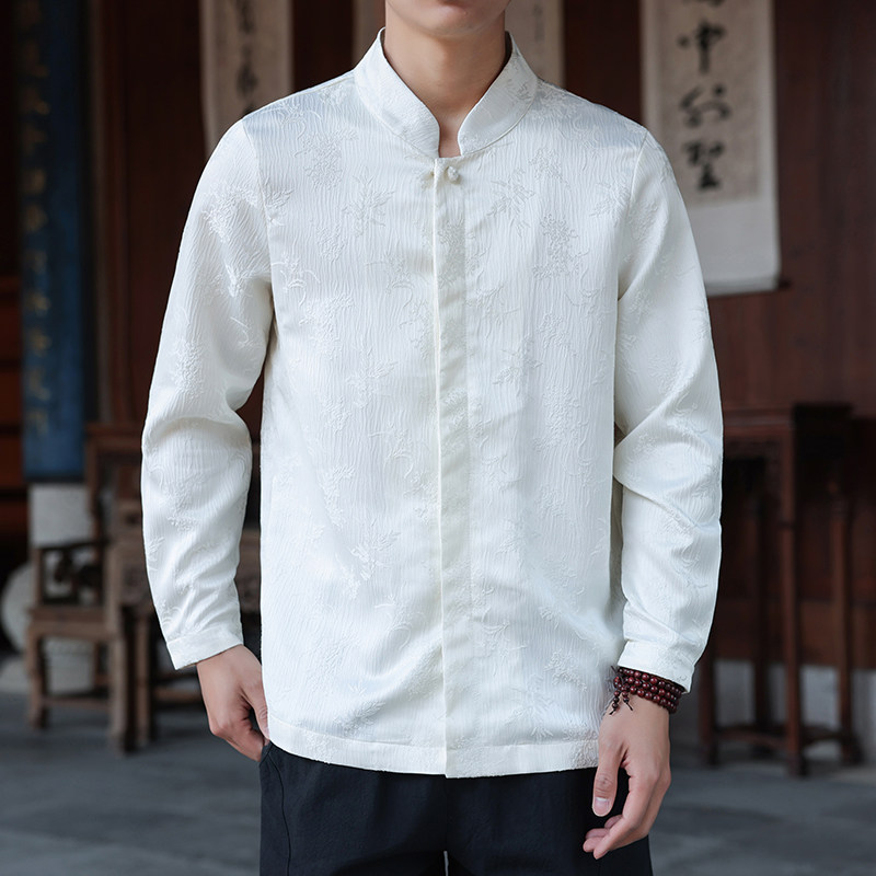 秋季新中式提花立领长袖衬衫盘扣宽松大码唐装1922-P65,男装衬衫,电商B378（原B341）