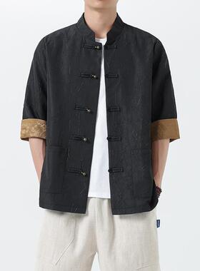 中国风男装新中式唐装短袖衬衫国潮复古风盘扣五分袖外套1907-P80