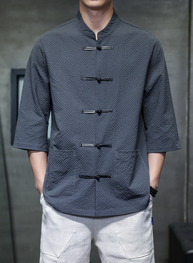 2025中国风盘扣立领半袖衬衫  复古华夫格中式宽松短袖  1927-P55