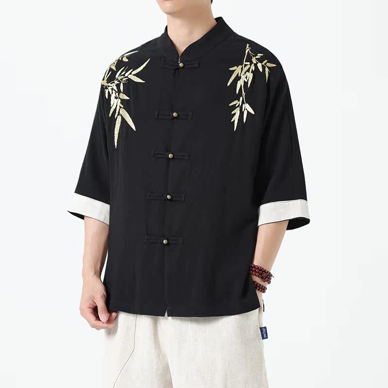 风刺绣立领棉麻衬衫男短袖夏季中式复古唐装衬衣茶服1906-P75,男装衬衫,电商B378（原B341）