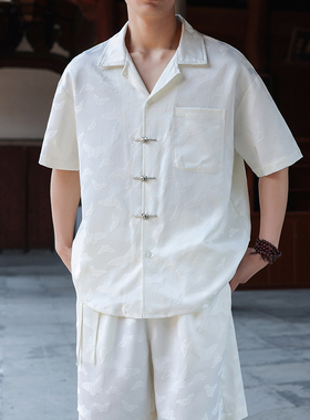 中国风复古提花翻领衬衣 国潮中式盘扣短袖 1925-P60