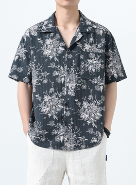 中国风夏季印花短袖衬衫大码透气翻领衬衣宽松休闲上衣1926-P55