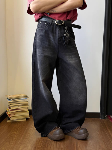 PIFU  美式磨破做旧复古水洗直筒牛仔裤男宽松百搭阔腿拖地长裤