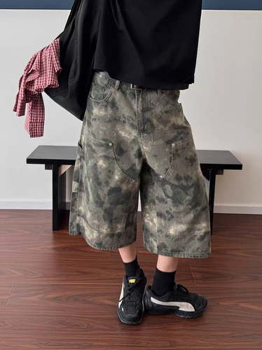 PIFU  美式复古迷雾蔓延代木晕染迷彩裤男宽松直筒休闲工装七分裤