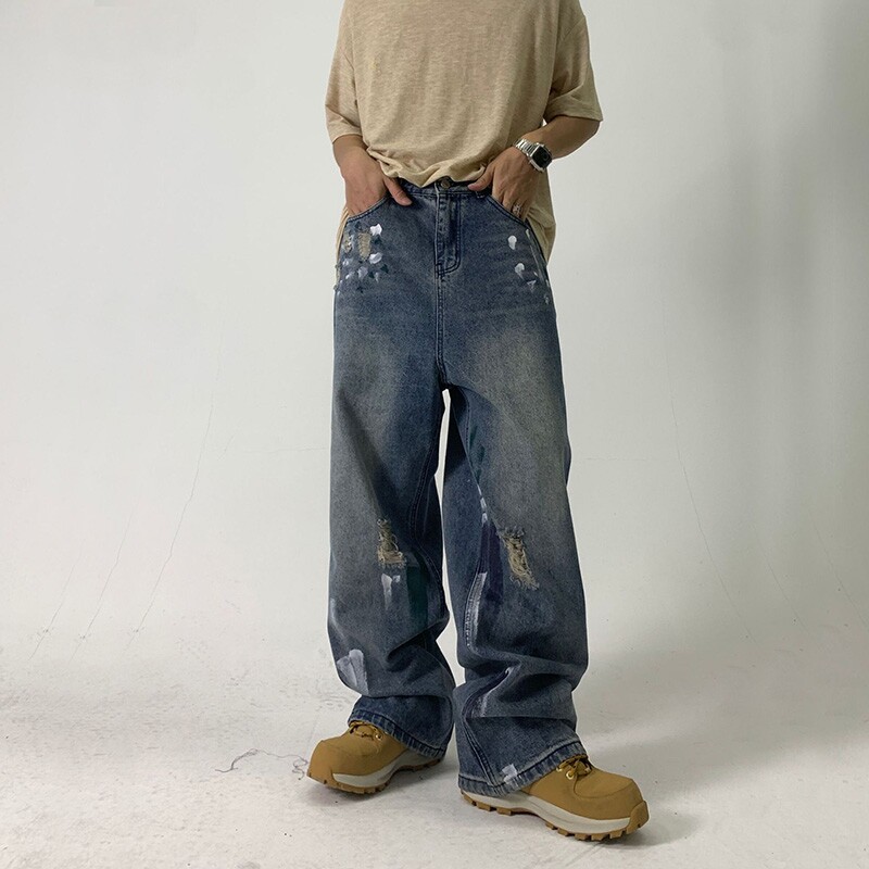 pifu 刷漆水洗工艺直筒宽松牛仔裤男复古做旧休闲长裤男潮