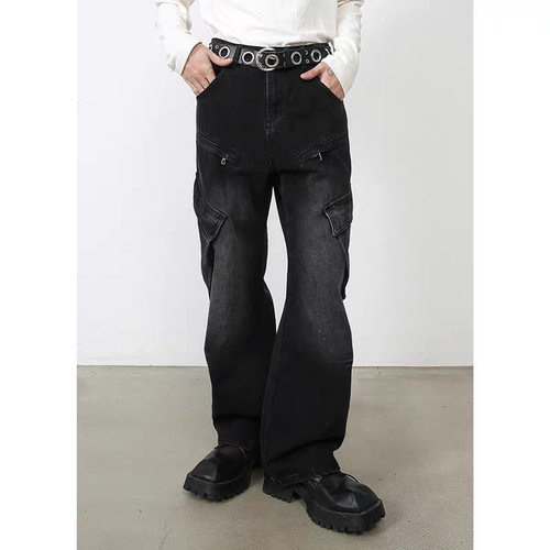 PIFU   美式高街裤子重工破洞多口袋牛仔裤男宽松直筒工装阔腿裤