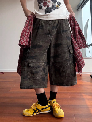 美式复古迷彩多口袋工装裤七分裤男女夏新款百搭直筒阔腿休闲裤