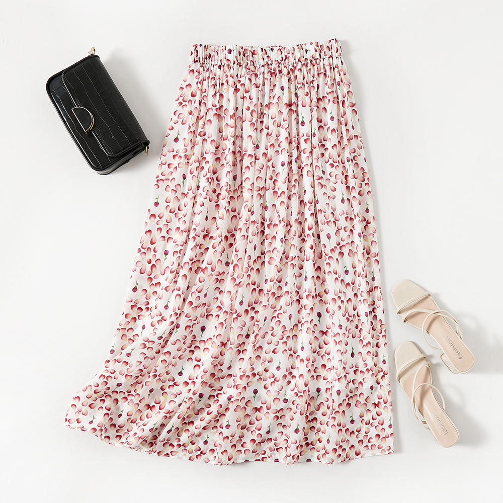 2025新款粉色碎花a字裙双绉真丝桑蚕丝印花夏季半身裙度假沙滩裙