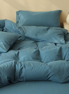 小井家天竺棉四件套纯棉全棉被套床笠针织床上用品裸睡床单床品蓝