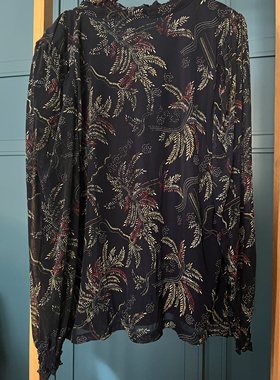 美国By*design墨蓝色印花系带领公主袖双层网纱衬衫上衣L码106/68