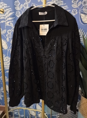 澳洲A&H纯棉刺绣镂空v领前排扣黑色衬衫20码146/72全新带吊牌