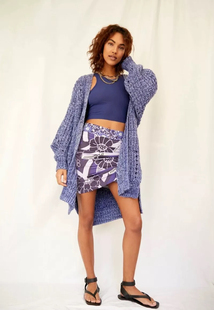 美国Free 外套s码 中长款 p宽松 people紫蓝雪花色镂空针织大开衫