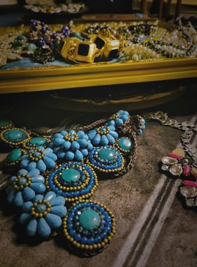 蓝色重工米珠项链 vintage