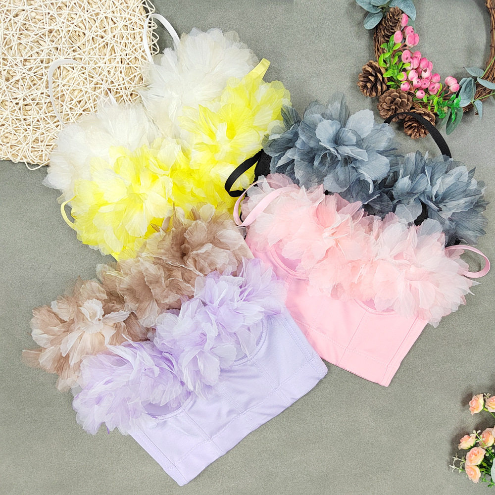 网纱渐变立体花朵鱼骨胸衣背心吊带内衣外穿抹胸仙气女团清新欧美