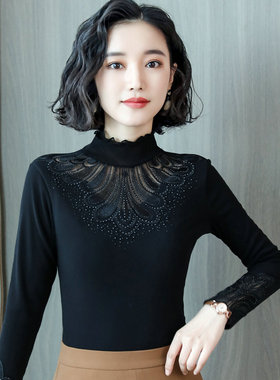 蕾丝打底衫女装2026春秋新款半高领大码网纱上衣长袖修身洋气小衫