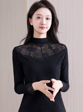 蕾丝半高领打底衫女长袖2026春秋新款修身莫代尔t恤内搭上衣洋气