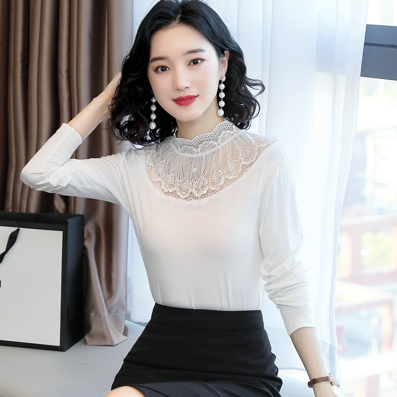 蕾丝立领秋冬修身风镂空打底衫