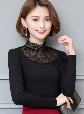 春秋季女装内搭半高领莫代尔打底衫长袖立领t恤修身蕾丝小衫秋衣