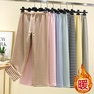 加绒可外穿高腰休闲裤 家居裤 女秋冬条纹睡裤 宽松德绒加厚家居裤