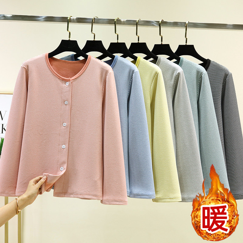 德绒宽松圆领保暖睡衣上装冬季居家加厚单排扣上衣女加绒条纹开衫