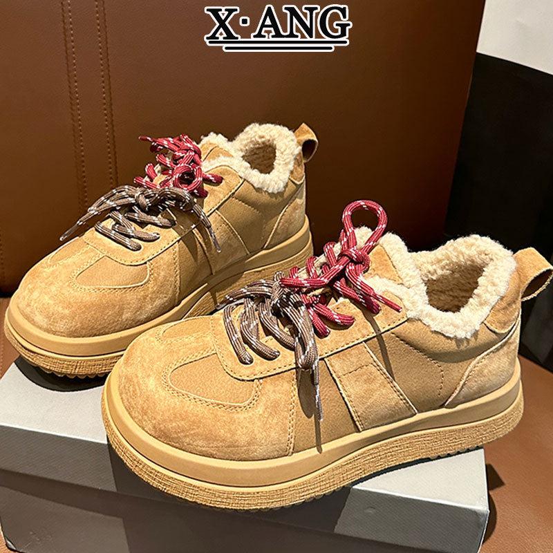 加绒保暖棉鞋雪地靴真皮百搭德训鞋子女2025秋冬新款厚底板鞋