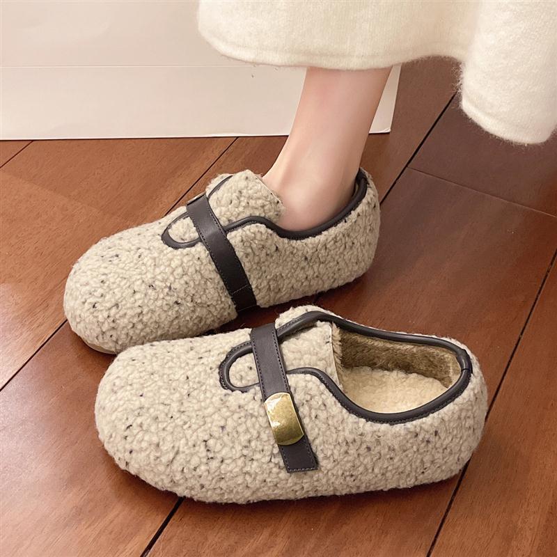 复古魔术贴保暖毛毛棉鞋女2025冬季新款懒人一脚蹬休闲轻便勃肯鞋