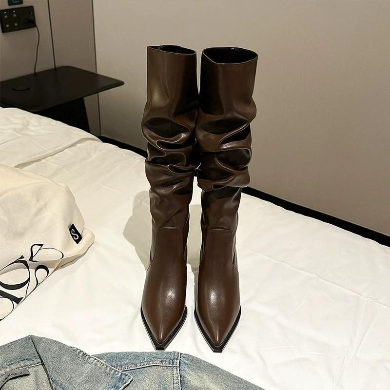 美拉德两穿翻折厚底长筒靴子女2025秋冬新款粗跟不过膝长靴骑士靴