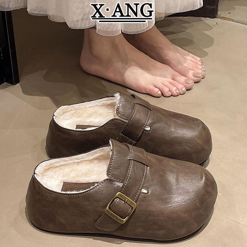 牛皮版包头半拖鞋女外穿厚底勃肯鞋加绒加厚保暖棉鞋一脚蹬懒人鞋