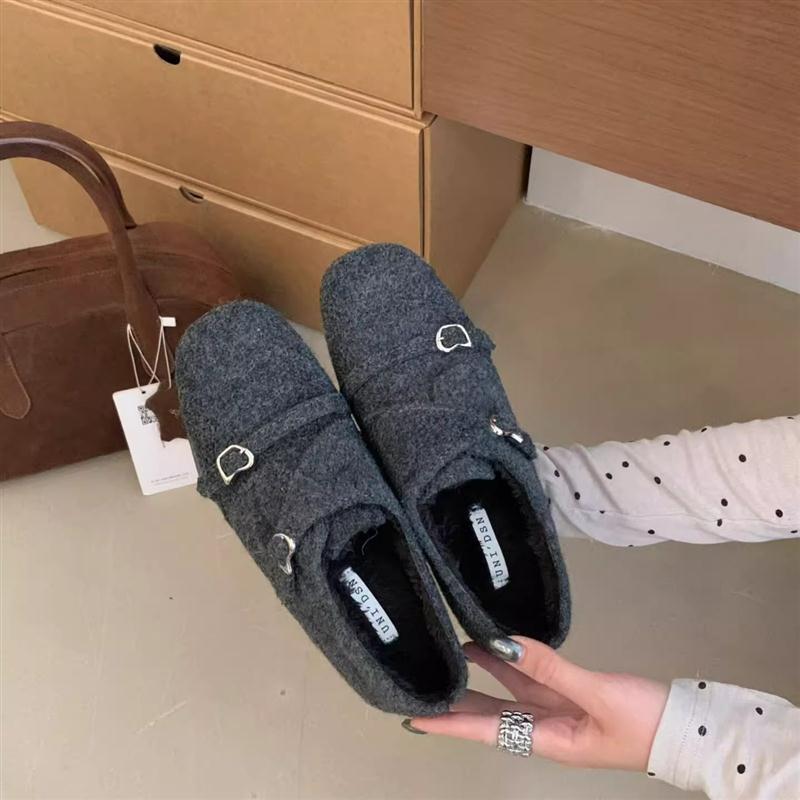 内增高复古灰色呢子毛毛鞋女秋冬季新款棉单鞋加绒棉鞋保暖小皮鞋