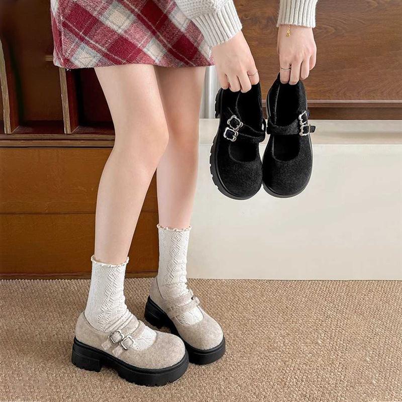 复古圆头双扣带厚底小皮鞋女2025新款舒适百搭浅口配裙子玛丽珍鞋