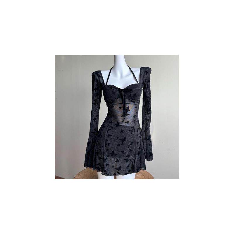 黑色蝴蝶细闪连体裙式泳衣衣女长袖遮肉显瘦透视性感小胸聚拢温泉