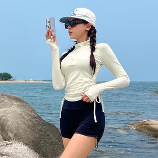 分体游泳衣女冲浪潜水服 紧身显瘦平角裤 防晒长袖 高领保守拉链外衫