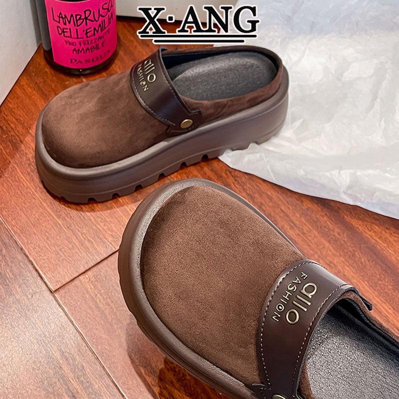 牛皮版勃肯鞋包头半拖鞋女外穿厚底增高女鞋一脚蹬懒人休闲单鞋子