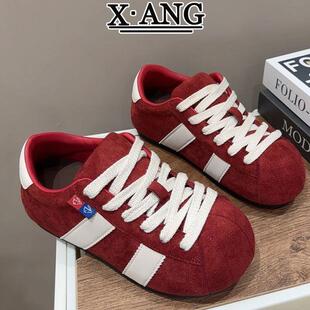 牛皮红色德训鞋女款2026秋季新款大头面包鞋子丑萌泡芙鞋休闲板鞋