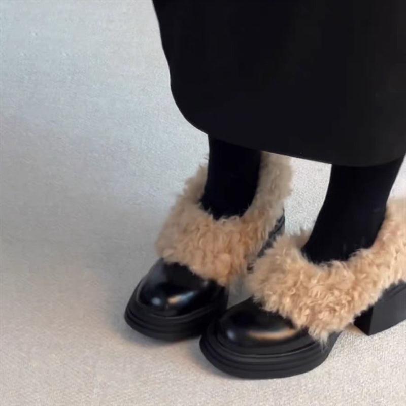 粗跟冬季保暖防水棉鞋女复古百搭毛毛鞋加绒厚一脚蹬高跟方头单鞋