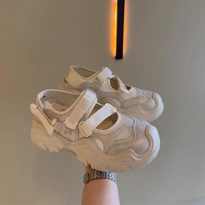 牛皮版~丑萌户外玛丽珍鞋女2025新款珠光擦色镂空厚底魔术贴凉鞋