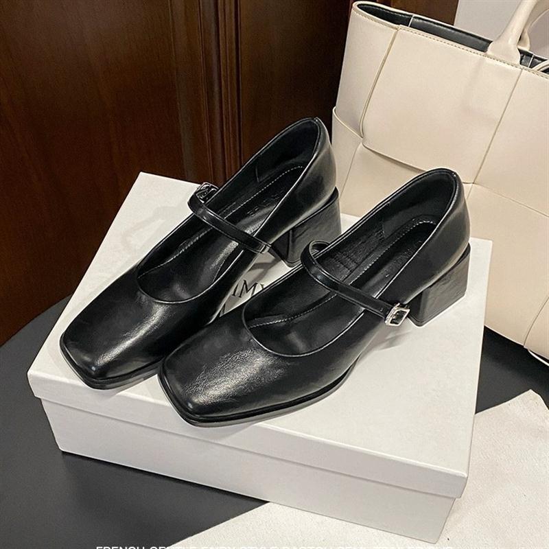 牛皮版小黑鞋女2025秋季新款法式方头粗跟单鞋一字扣玛丽珍女鞋